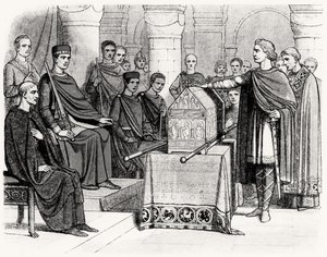 Harold II (c.1022-66) prêtant serment de respecter la donation du trône à Guillaume Ier, le Conquérant (c.1028-87) par Édouard le Confesseur (c.1003-66), c.1064 - English School